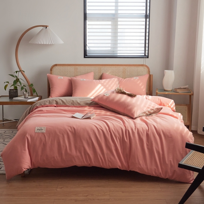 91家纺网 家纺一手货源 找家纺 ab家纺 2022新款全棉水洗棉四件套（格子+素色） 粉卡其