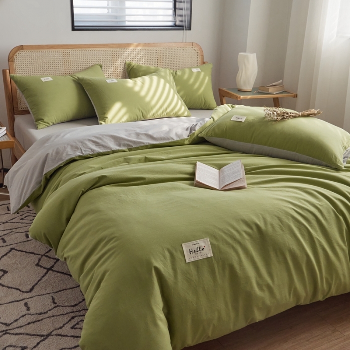 91家纺网 家纺一手货源 找家纺 ab家纺 2022新款全棉水洗棉四件套（格子+素色） 牛油果灰