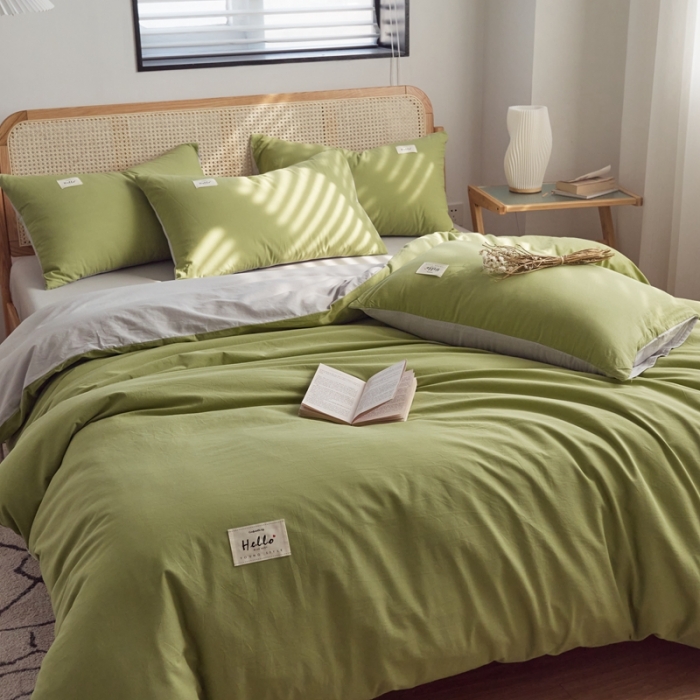 91家纺网 家纺一手货源 找家纺 ab家纺 2022新款全棉水洗棉四件套（格子+素色） 牛油果灰