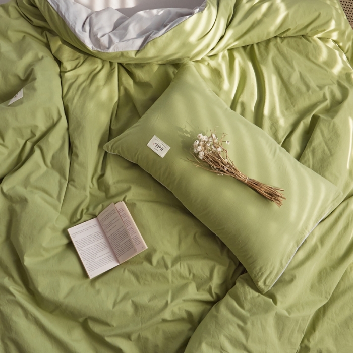 91家纺网 家纺一手货源 找家纺 ab家纺 2022新款全棉水洗棉四件套（格子+素色） 牛油果灰