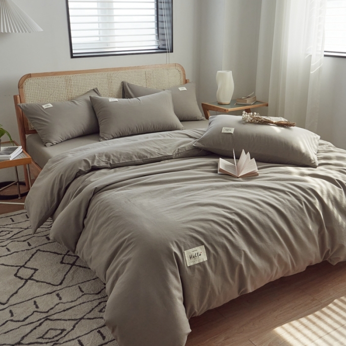 91家纺网 家纺一手货源 找家纺 ab家纺 2022新款全棉水洗棉四件套（格子+素色） 浅灰