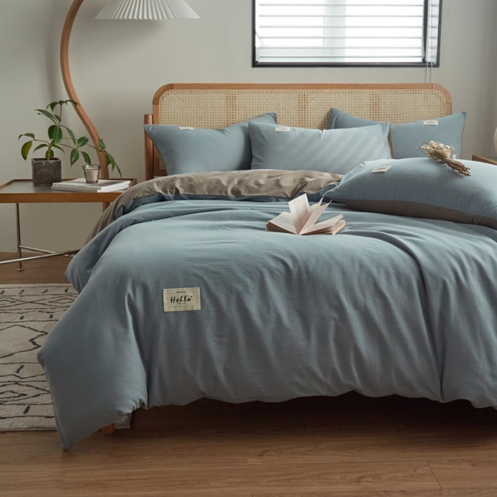 91家纺网 家纺一手货源 找家纺 ab家纺 2022新款全棉水洗棉四件套（格子+素色） 浅蓝灰