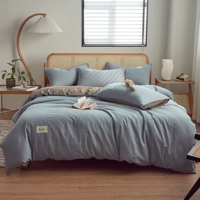 91家纺网 家纺一手货源 找家纺 ab家纺 2022新款全棉水洗棉四件套（格子+素色） 浅蓝灰