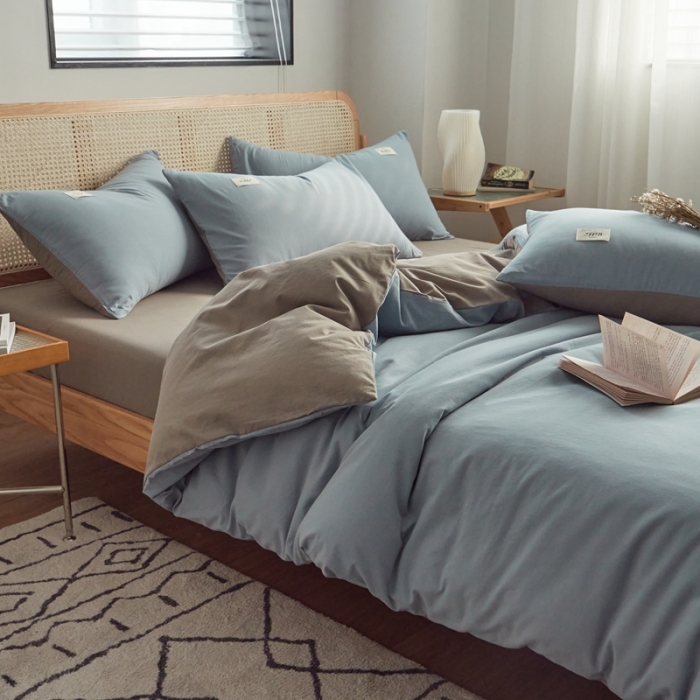 91家纺网 家纺一手货源 找家纺 ab家纺 2022新款全棉水洗棉四件套（格子+素色） 浅蓝灰