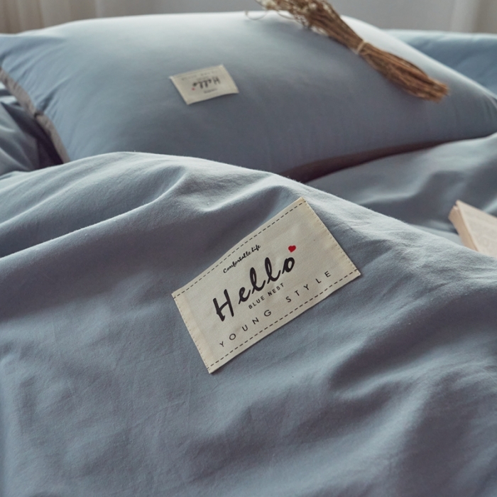 91家纺网 家纺一手货源 找家纺 ab家纺 2022新款全棉水洗棉四件套（格子+素色） 浅蓝灰