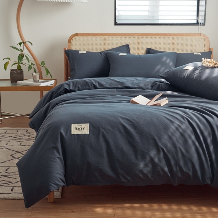 91家纺网 家纺一手货源 找家纺 ab家纺 2022新款全棉水洗棉四件套（格子+素色） 绅士灰