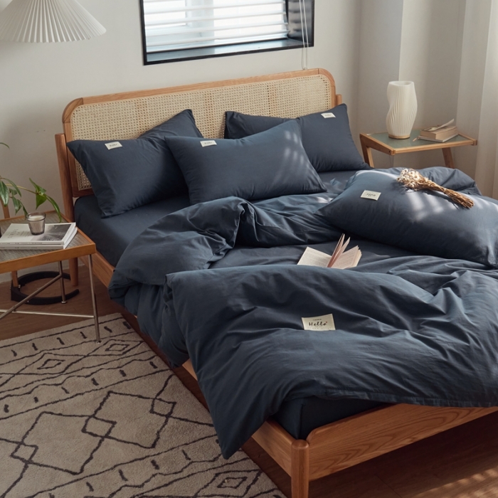 91家纺网 家纺一手货源 找家纺 ab家纺 2022新款全棉水洗棉四件套（格子+素色） 绅士灰