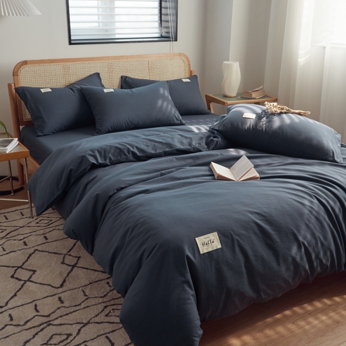 91家纺网 家纺一手货源 找家纺 ab家纺 2022新款全棉水洗棉四件套（格子+素色） 绅士灰