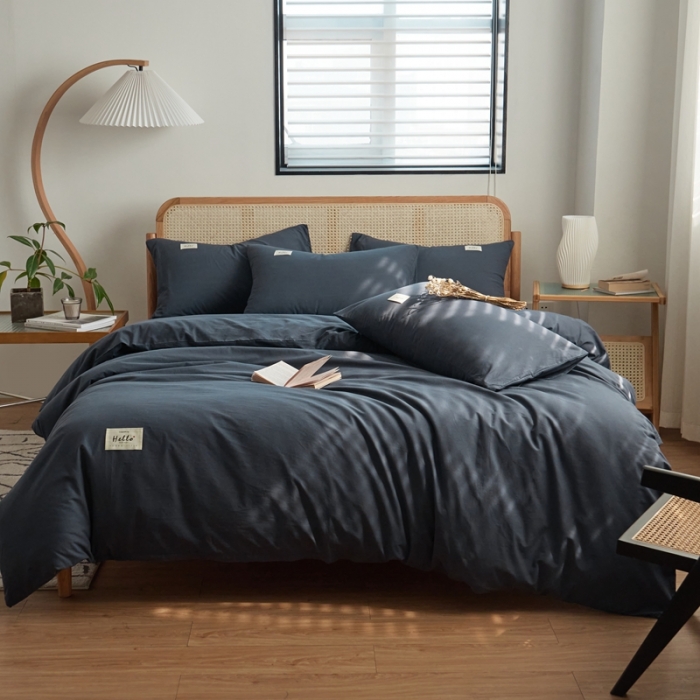 91家纺网 家纺一手货源 找家纺 ab家纺 2022新款全棉水洗棉四件套（格子+素色） 绅士灰