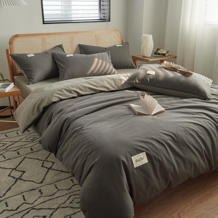 91家纺网 家纺一手货源 找家纺 ab家纺 2022新款全棉水洗棉四件套（格子+素色） 深灰浅灰