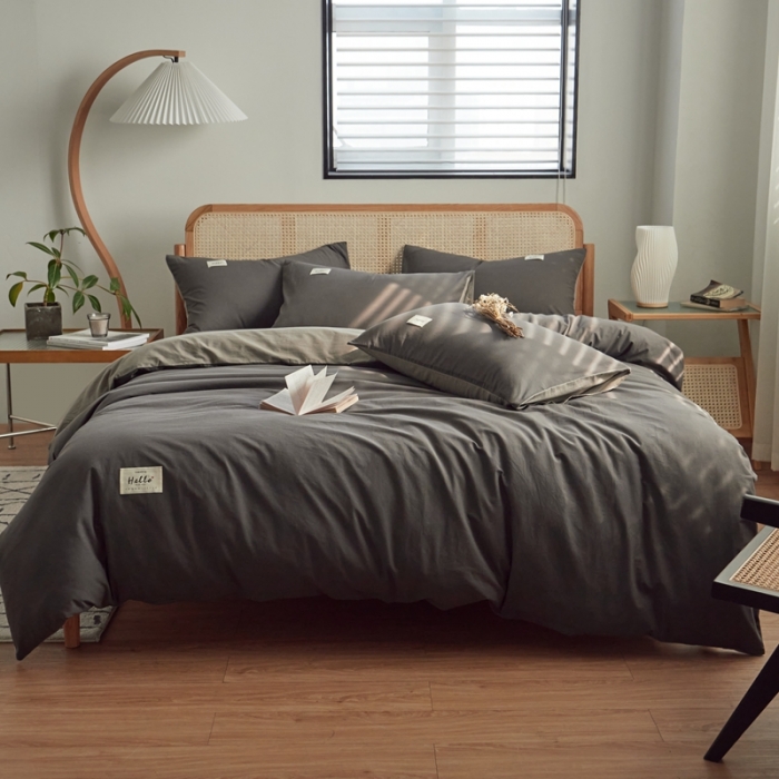 91家纺网 家纺一手货源 找家纺 ab家纺 2022新款全棉水洗棉四件套（格子+素色） 深灰浅灰