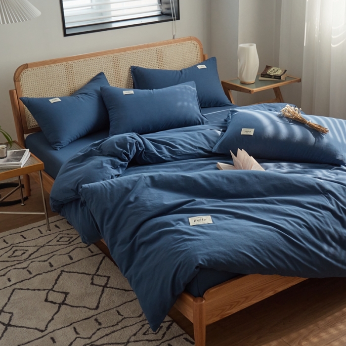 91家纺网 家纺一手货源 找家纺 ab家纺 2022新款全棉水洗棉四件套（格子+素色） 蔚蓝