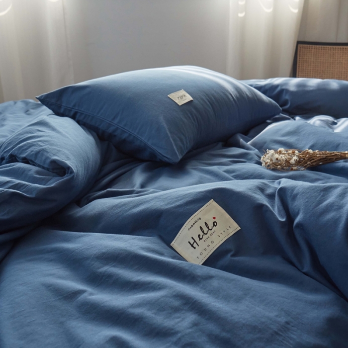 91家纺网 家纺一手货源 找家纺 ab家纺 2022新款全棉水洗棉四件套（格子+素色） 蔚蓝