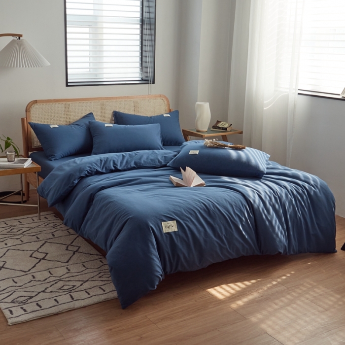 91家纺网 家纺一手货源 找家纺 ab家纺 2022新款全棉水洗棉四件套（格子+素色） 蔚蓝