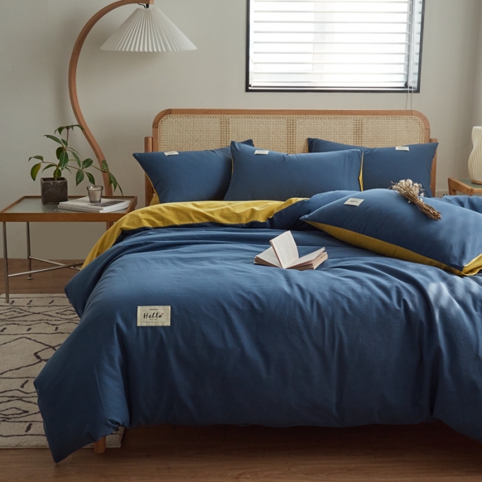 91家纺网 家纺一手货源 找家纺 ab家纺 2022新款全棉水洗棉四件套（格子+素色） 蔚蓝黄