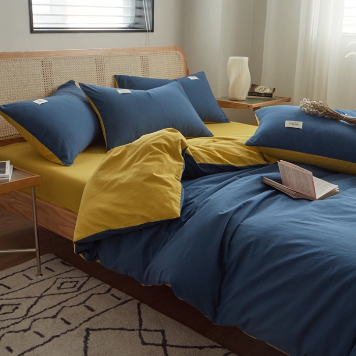 91家纺网 家纺一手货源 找家纺 ab家纺 2022新款全棉水洗棉四件套（格子+素色） 蔚蓝黄