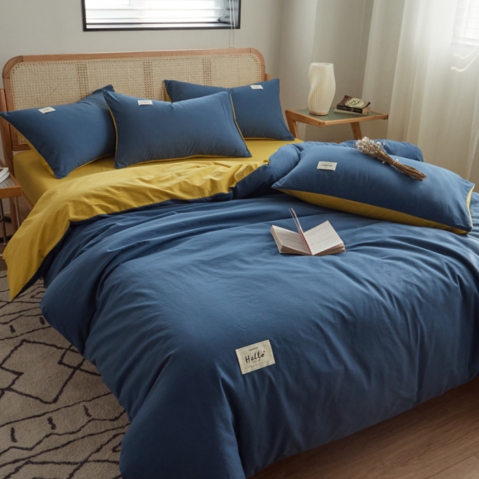 91家纺网 家纺一手货源 找家纺 ab家纺 2022新款全棉水洗棉四件套（格子+素色） 蔚蓝黄