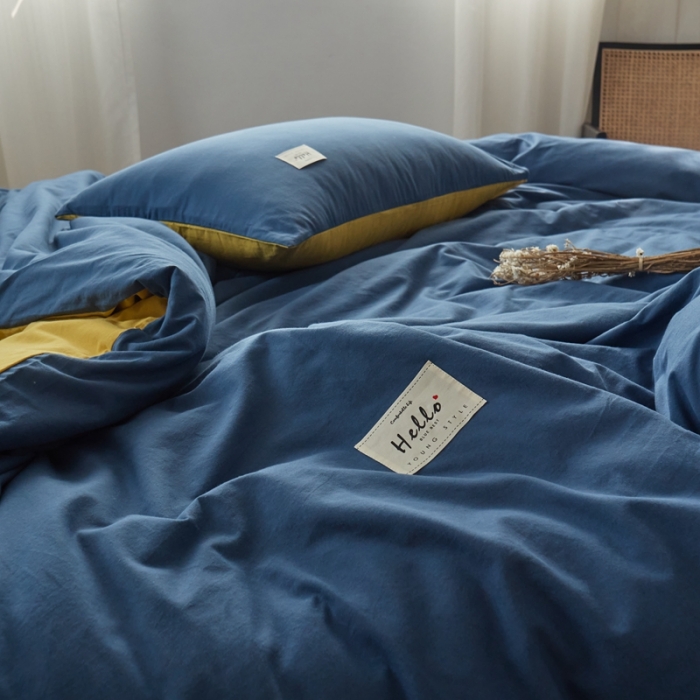 91家纺网 家纺一手货源 找家纺 ab家纺 2022新款全棉水洗棉四件套（格子+素色） 蔚蓝黄