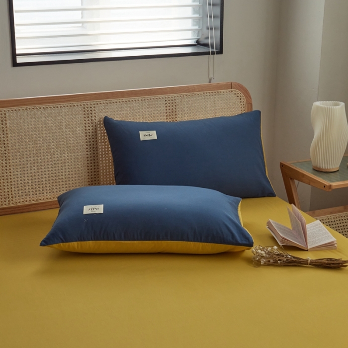 91家纺网 家纺一手货源 找家纺 ab家纺 2022新款全棉水洗棉四件套（格子+素色） 蔚蓝黄