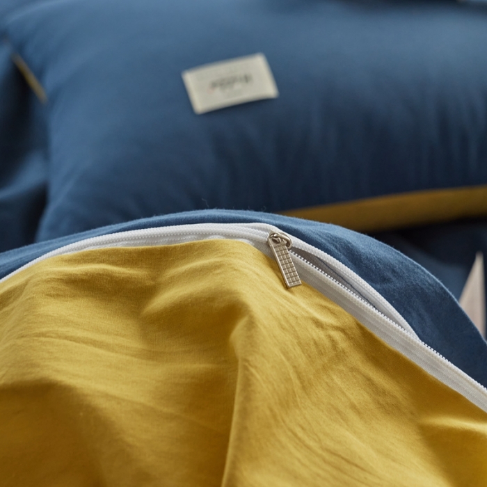 91家纺网 家纺一手货源 找家纺 ab家纺 2022新款全棉水洗棉四件套（格子+素色） 蔚蓝黄