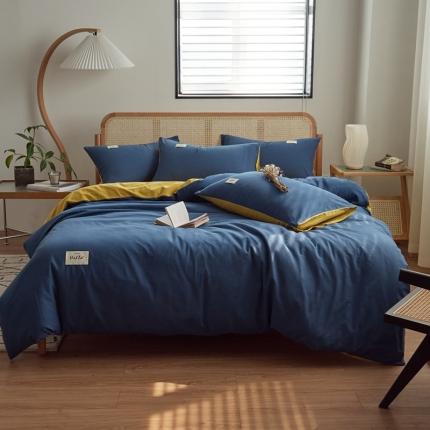 ab家纺 2022新款全棉水洗棉四件套（格子+素色） 蔚蓝黄