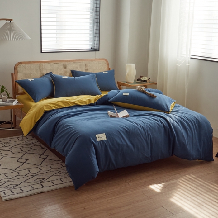 91家纺网 家纺一手货源 找家纺 ab家纺 2022新款全棉水洗棉四件套（格子+素色） 蔚蓝黄