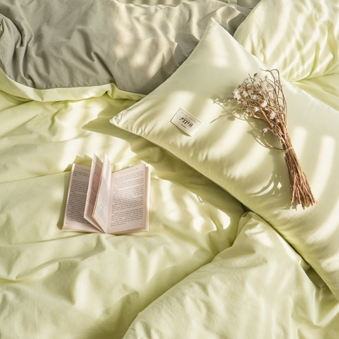 91家纺网 家纺一手货源 找家纺 ab家纺 2022新款全棉水洗棉四件套（格子+素色） 荧光绿-深绿