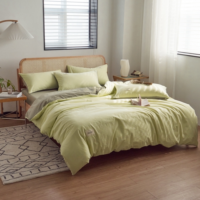 91家纺网 家纺一手货源 找家纺 ab家纺 2022新款全棉水洗棉四件套（格子+素色） 荧光绿-深绿