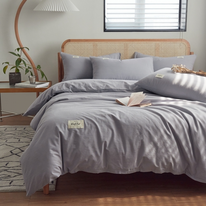 91家纺网 家纺一手货源 找家纺 ab家纺 2022新款全棉水洗棉四件套（格子+素色） 紫灰