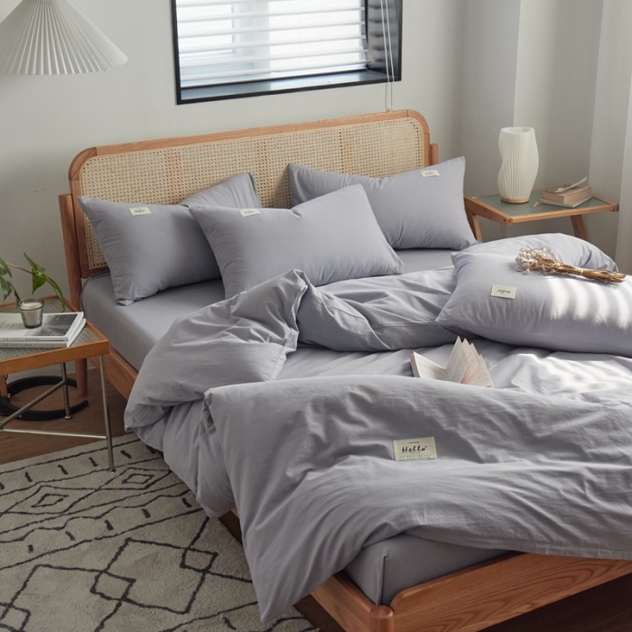 91家纺网 家纺一手货源 找家纺 ab家纺 2022新款全棉水洗棉四件套（格子+素色） 紫灰