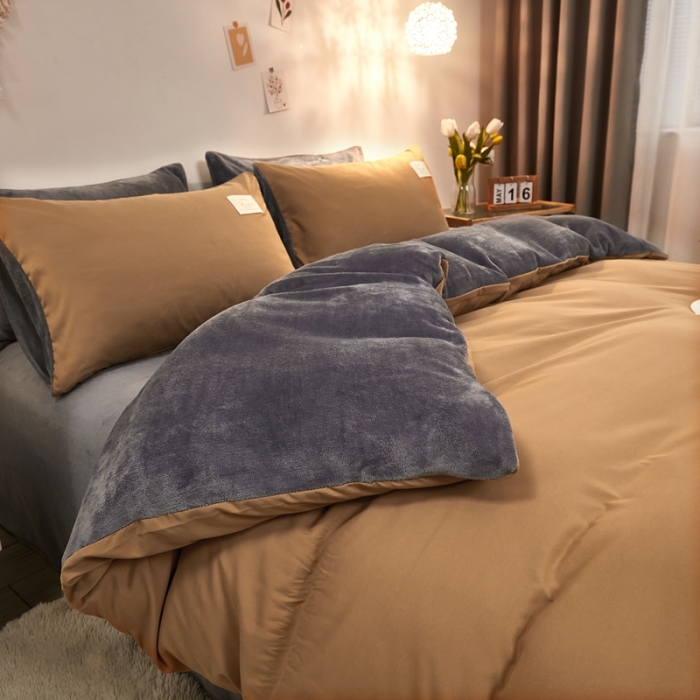 91家纺网 家纺一手货源 找家纺 啊雅家居 2025新款水洗棉加绒单面绒被套 暖咖加牛奶绒