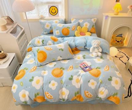 91家纺网 家纺一手货源 找家纺 金爱家 2023新款牛奶绒小清新四件套 大橙橙