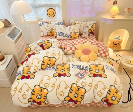 91家纺网 家纺一手货源 找家纺 金爱家 2023新款牛奶绒小清新四件套 可爱老虎