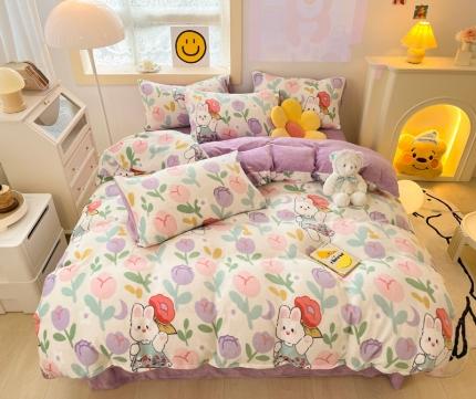 91家纺网 家纺一手货源 找家纺 金爱家 2023新款牛奶绒小清新四件套 快乐兔子