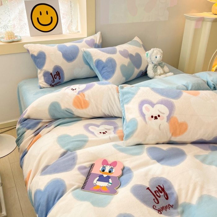 91家纺网 家纺一手货源 找家纺 金爱家 2023新款牛奶绒小清新四件套 爱心兔-兰