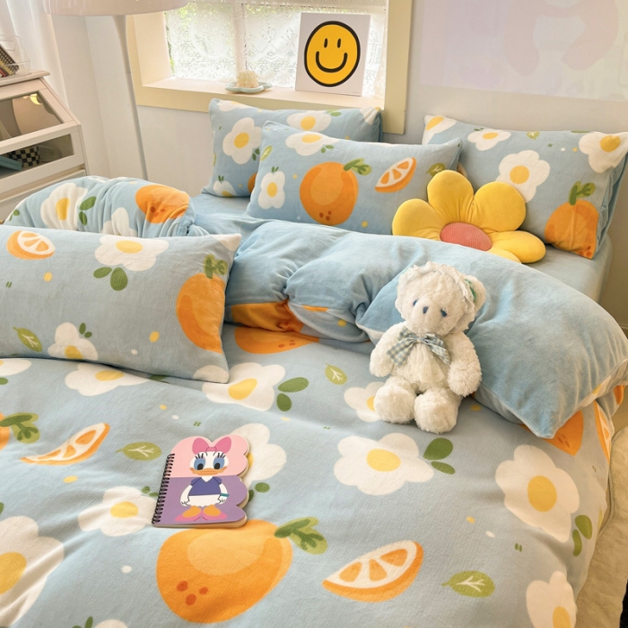 91家纺网 家纺一手货源 找家纺 金爱家 2023新款牛奶绒小清新四件套 大橙橙