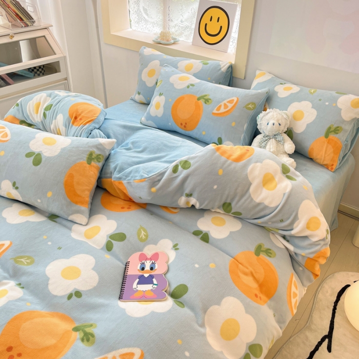 91家纺网 家纺一手货源 找家纺 金爱家 2023新款牛奶绒小清新四件套 大橙橙