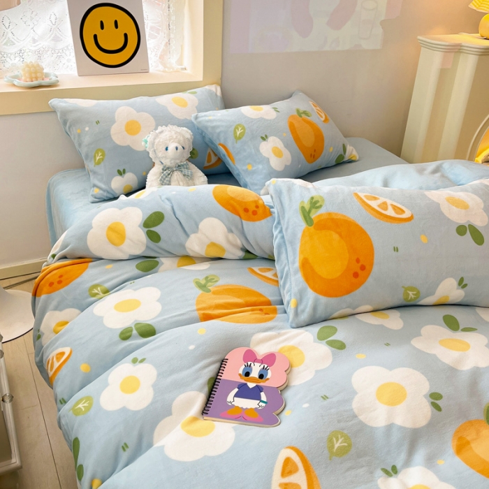 91家纺网 家纺一手货源 找家纺 金爱家 2023新款牛奶绒小清新四件套 大橙橙