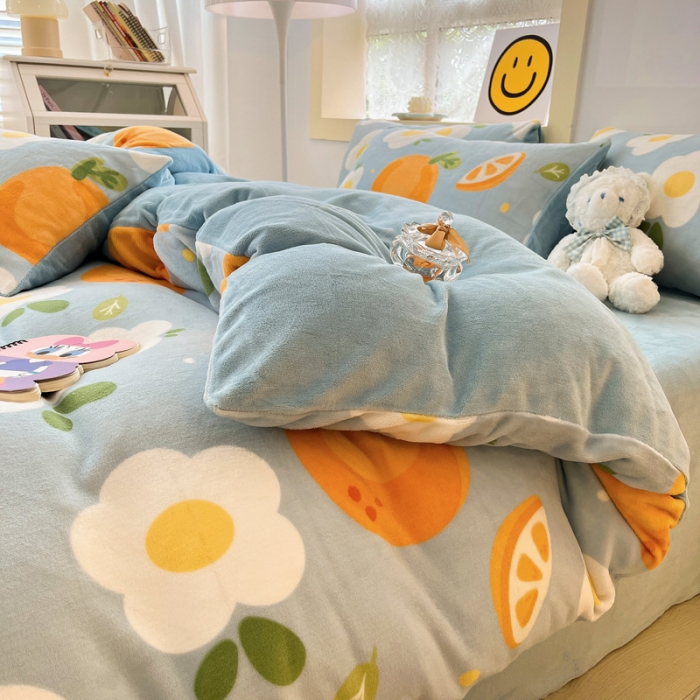 91家纺网 家纺一手货源 找家纺 金爱家 2023新款牛奶绒小清新四件套 大橙橙