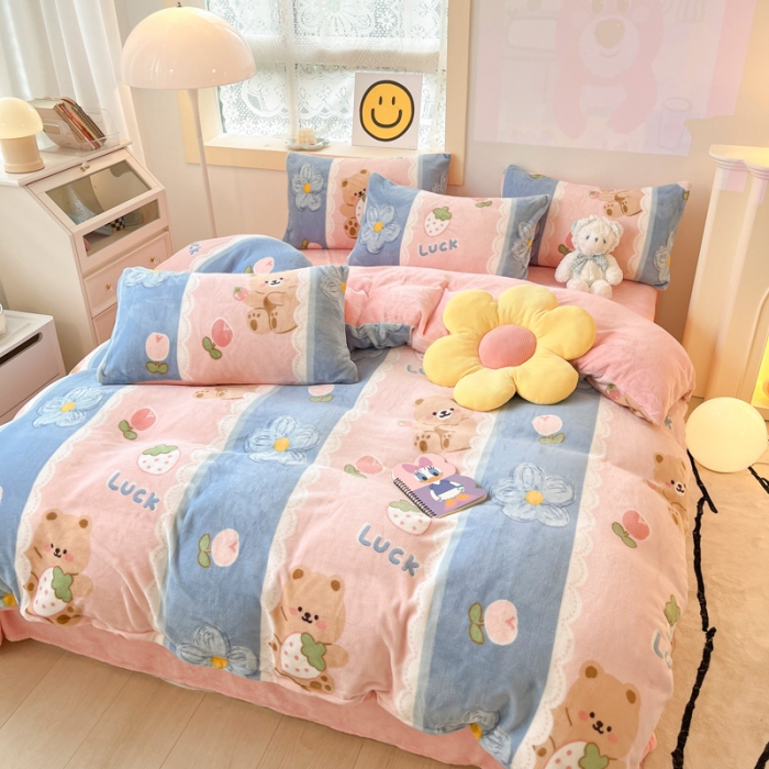 91家纺网 家纺一手货源 找家纺 金爱家 2023新款牛奶绒小清新四件套 多多