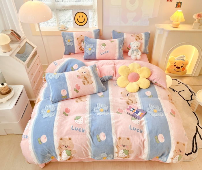 91家纺网 家纺一手货源 找家纺 金爱家 2023新款牛奶绒小清新四件套 多多