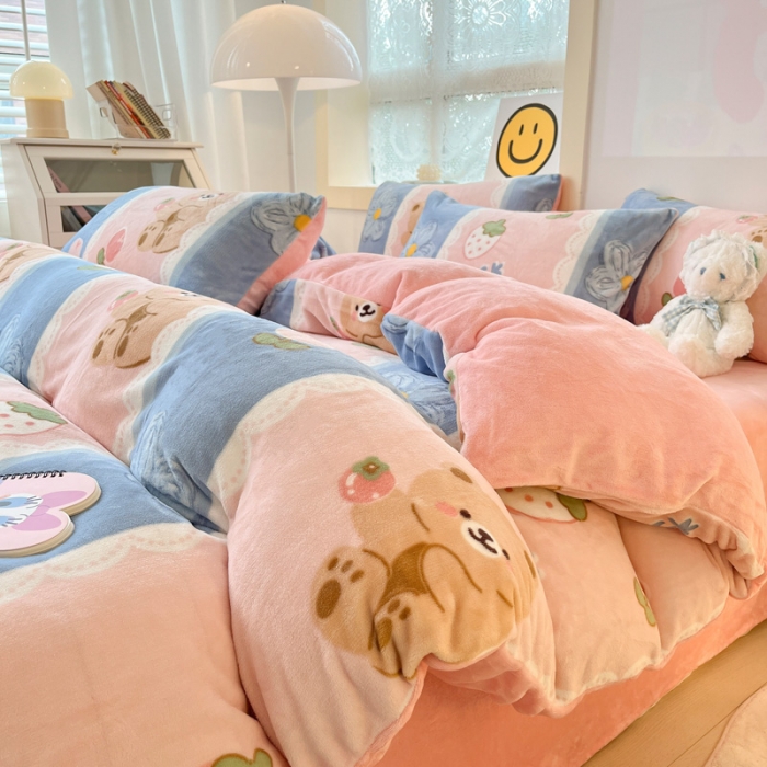 91家纺网 家纺一手货源 找家纺 金爱家 2023新款牛奶绒小清新四件套 多多