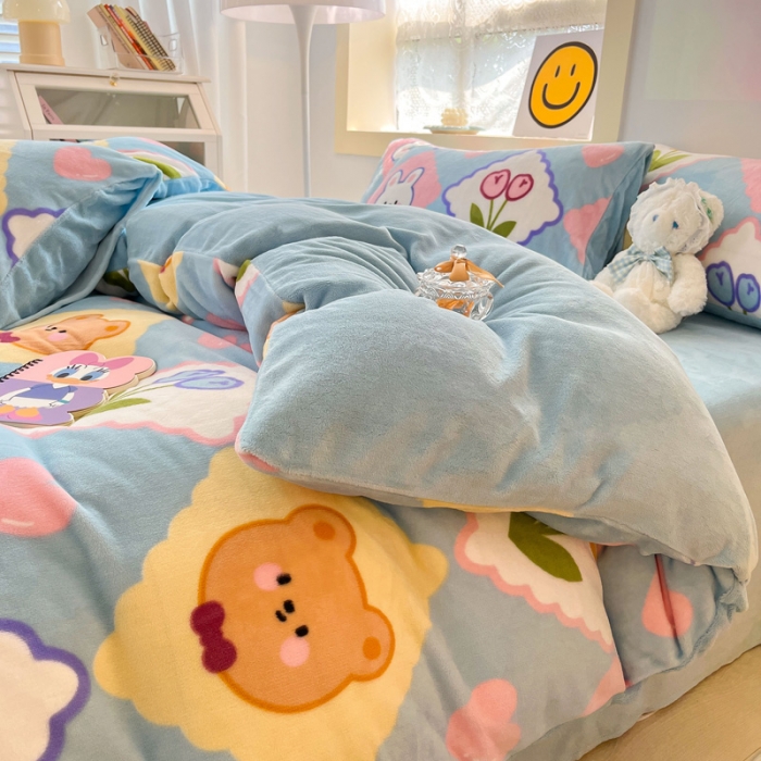 91家纺网 家纺一手货源 找家纺 金爱家 2023新款牛奶绒小清新四件套 朵朵