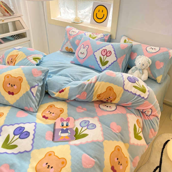 91家纺网 家纺一手货源 找家纺 金爱家 2023新款牛奶绒小清新四件套 朵朵