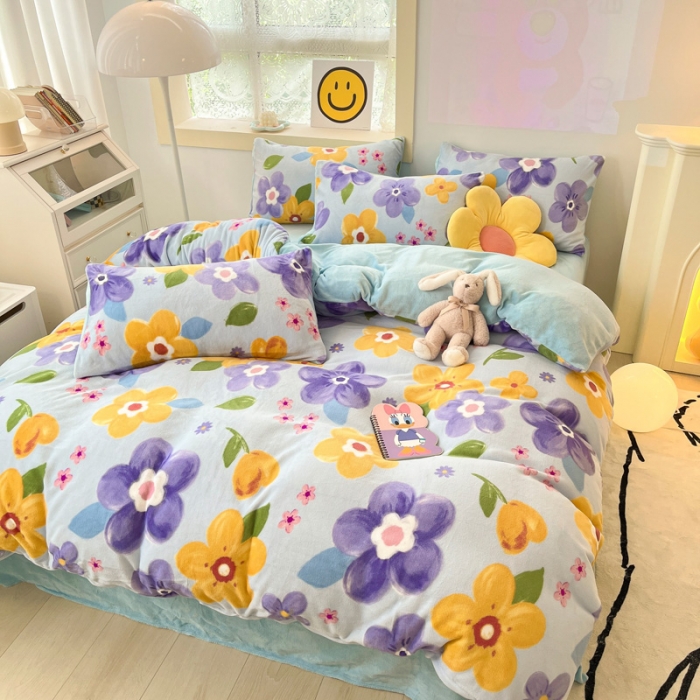 91家纺网 家纺一手货源 找家纺 金爱家 2023新款牛奶绒小清新四件套 花开富贵