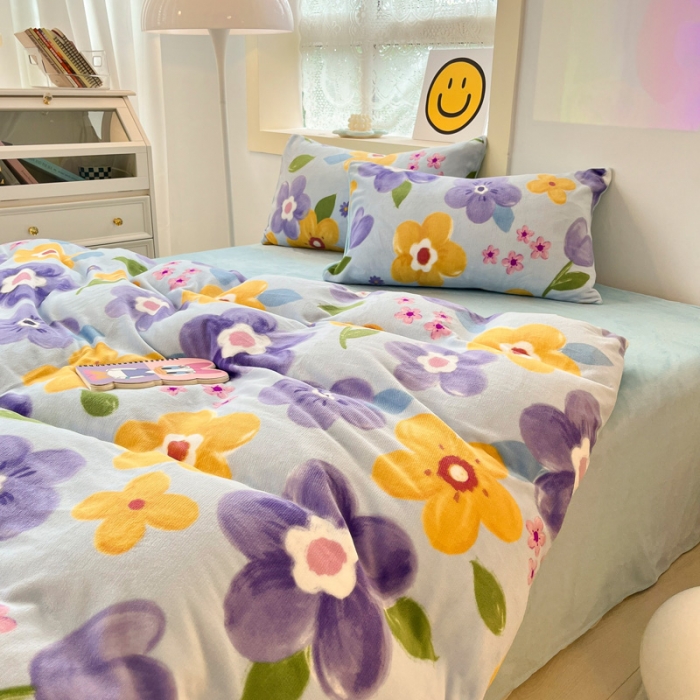 91家纺网 家纺一手货源 找家纺 金爱家 2023新款牛奶绒小清新四件套 花开富贵