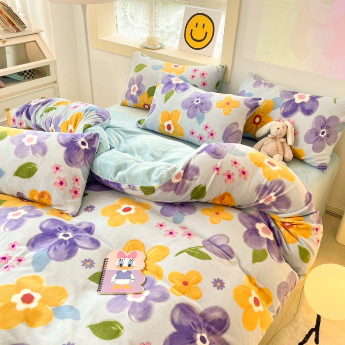 91家纺网 家纺一手货源 找家纺 金爱家 2023新款牛奶绒小清新四件套 花开富贵