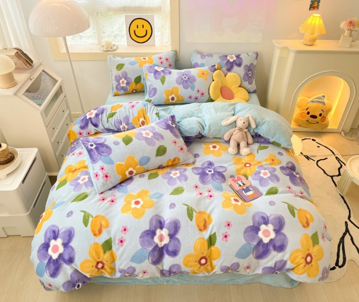 91家纺网 家纺一手货源 找家纺 金爱家 2023新款牛奶绒小清新四件套 花开富贵