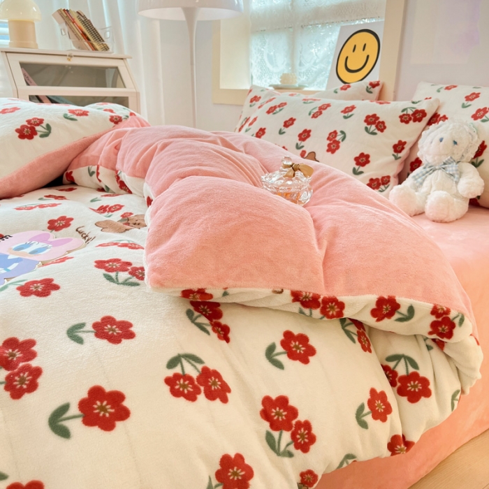 91家纺网 家纺一手货源 找家纺 金爱家 2023新款牛奶绒小清新四件套 花开四季