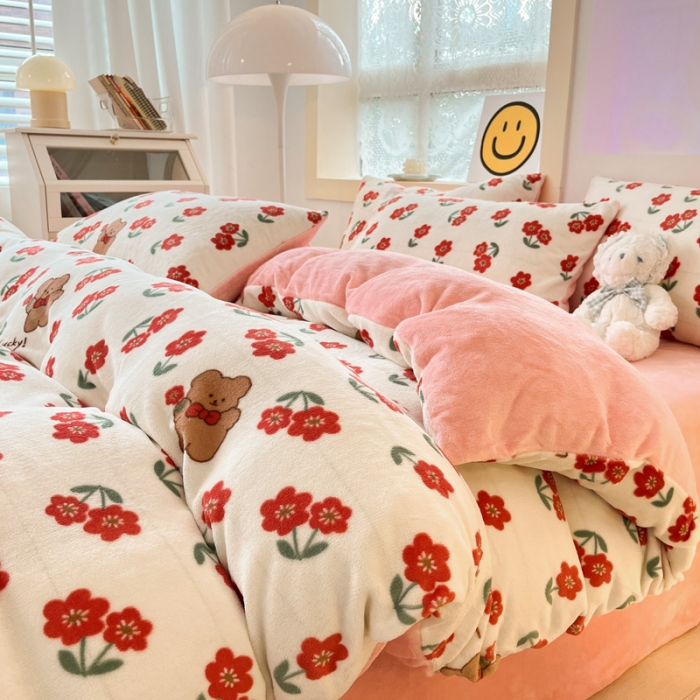 91家纺网 家纺一手货源 找家纺 金爱家 2023新款牛奶绒小清新四件套 花开四季